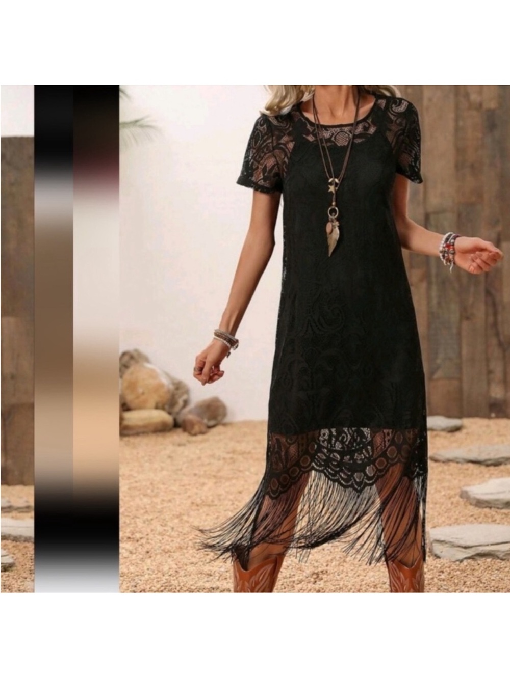 Lace Long Fringe Black Dress Western Women Attire/Country Dress,Summer - Picture 3 of 4